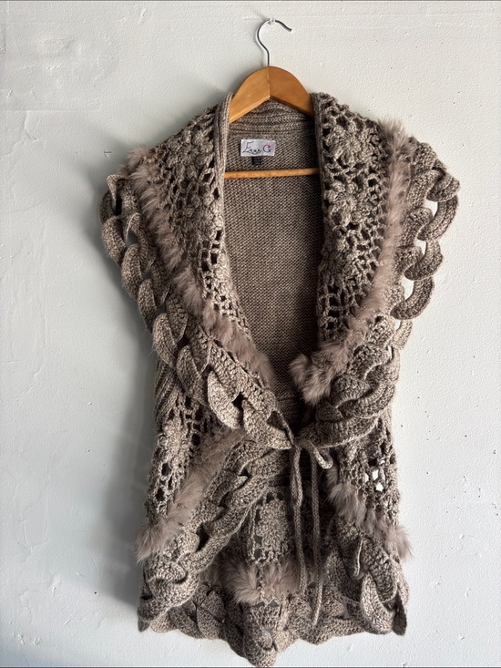 Lavish Sweaters - Lavish Taupe Crochet Wool Knit & rabbit fur trim Sweater Vest